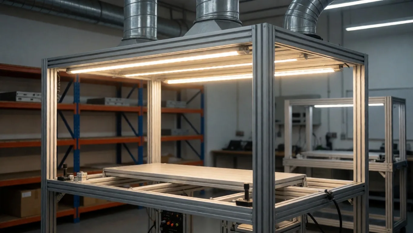 Banco de trabajo con rig de minería en ensamblaje bajo luz LED de tira