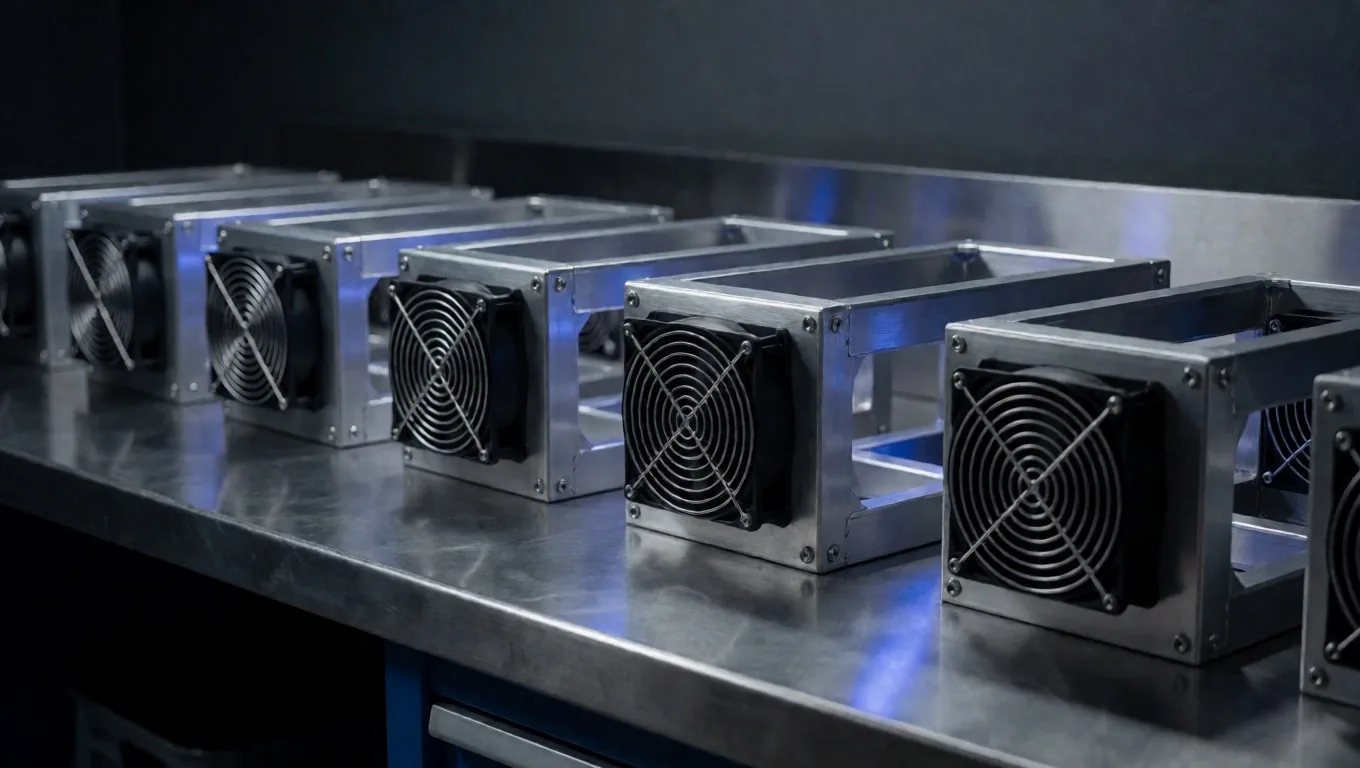 Rig de minería con múltiples GPUs sobre marco de aluminio en taller iluminado por LEDs