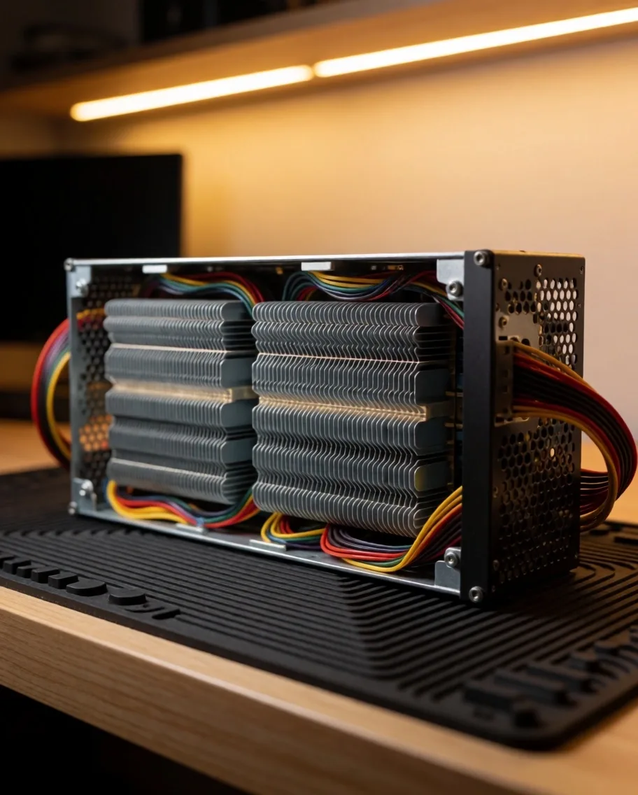 Equipo ASIC Antminer con panel lateral abierto mostrando hashboards