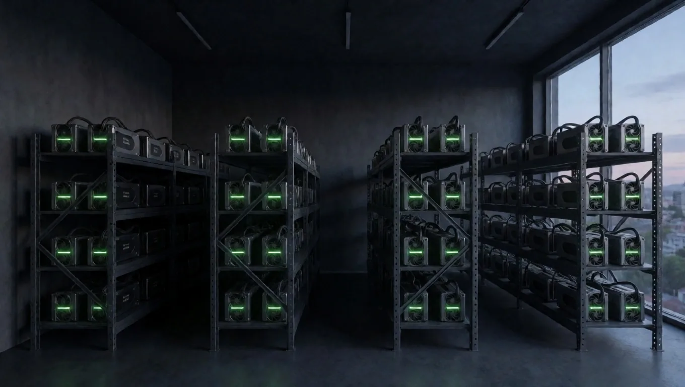 Granja de minería con GPUs iluminadas por LED en banco de trabajo