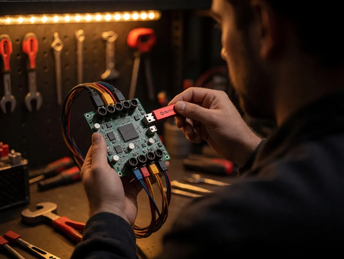 Técnico configurando controlador de rig de minería con USB de arranque