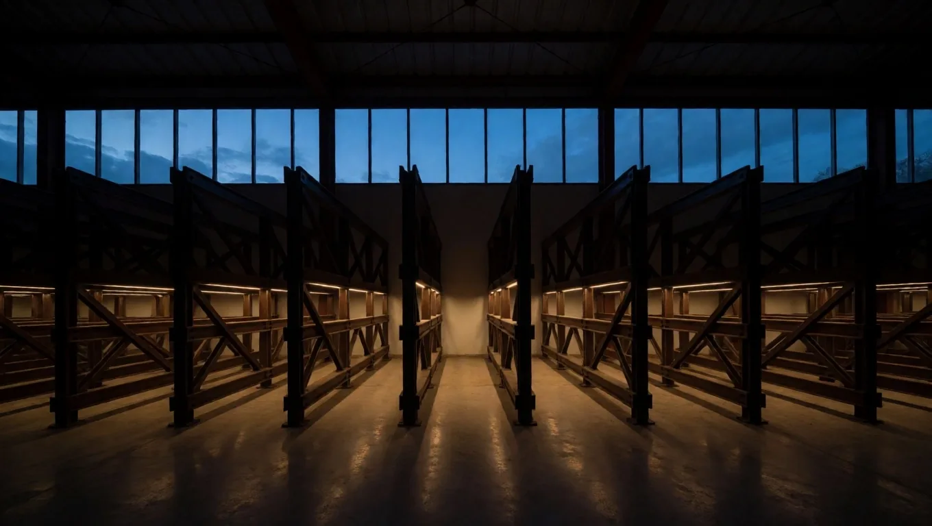 Banco de trabajo con rig de minería iluminado por luces LED en taller al atardecer