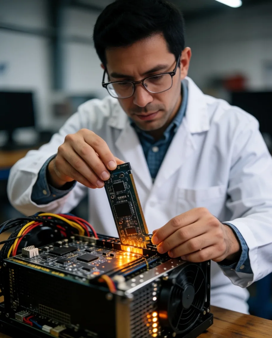 Diagnóstico de placa GPU con multímetro en banco de trabajo