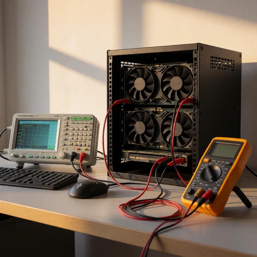 Estación de prueba con múltiples GPUs y sondas de temperatura